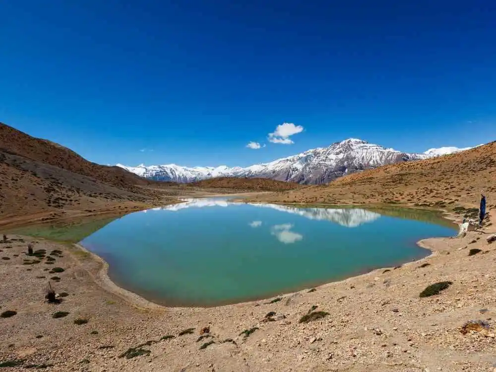 Dhankar Lake near Dhankar Monastery in Spiti Valley, Himachal Pradesh