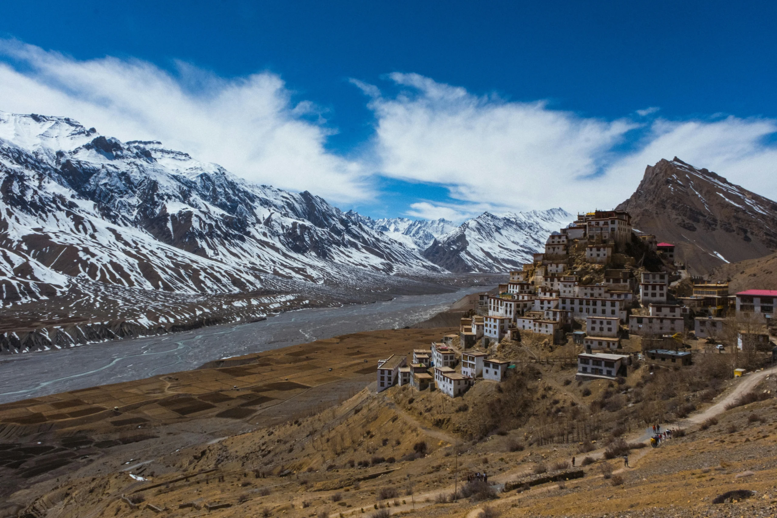 Spiti Valley landscape with high Himalayan mountains and winding road in Himachal Pradesh