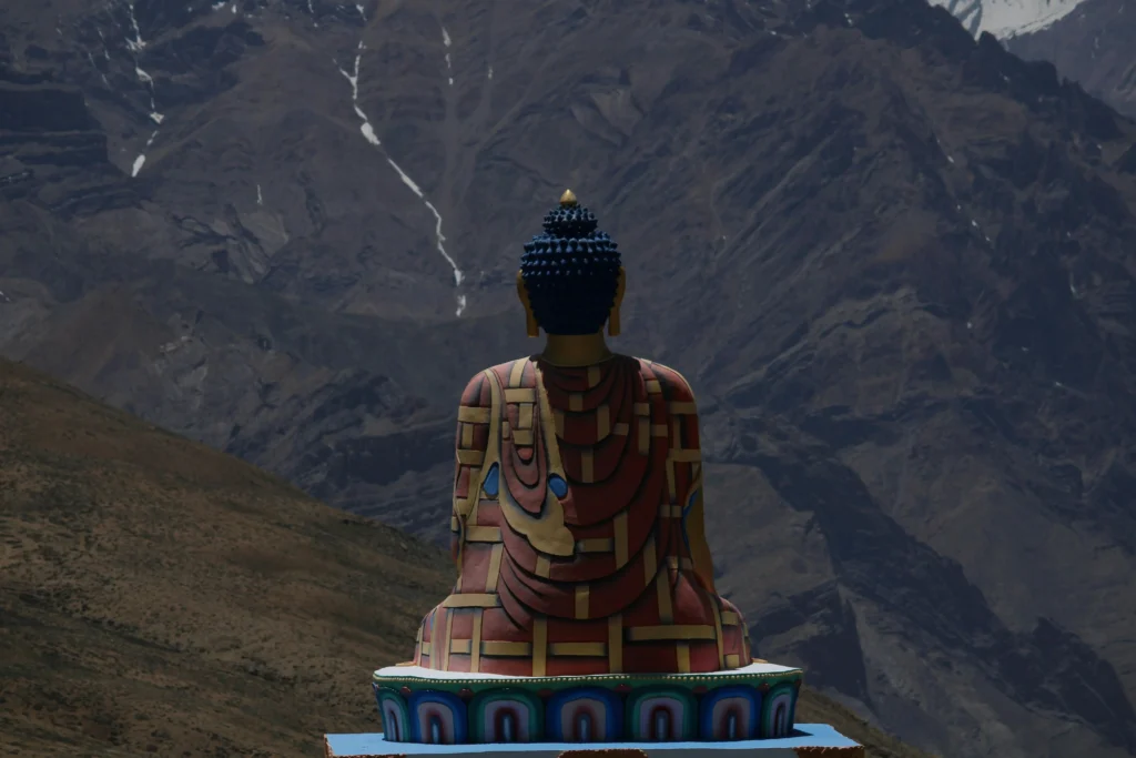 Giant Buddha statue at Langza Village overlooking the Himalayan mountains in Spiti Valley, Himachal Pradesh